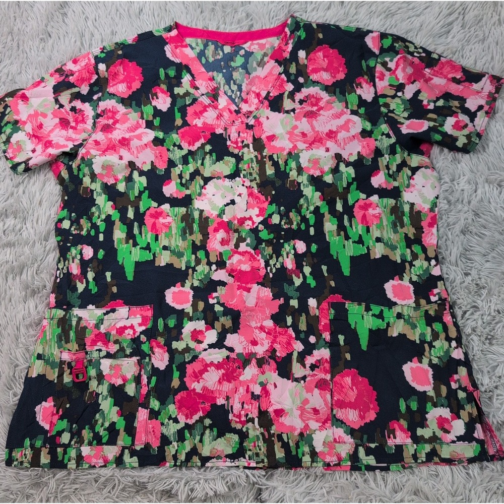 Carhartt Shirt Womens 2X Scrub Top Pockets Floral Stretch Casual Comfort